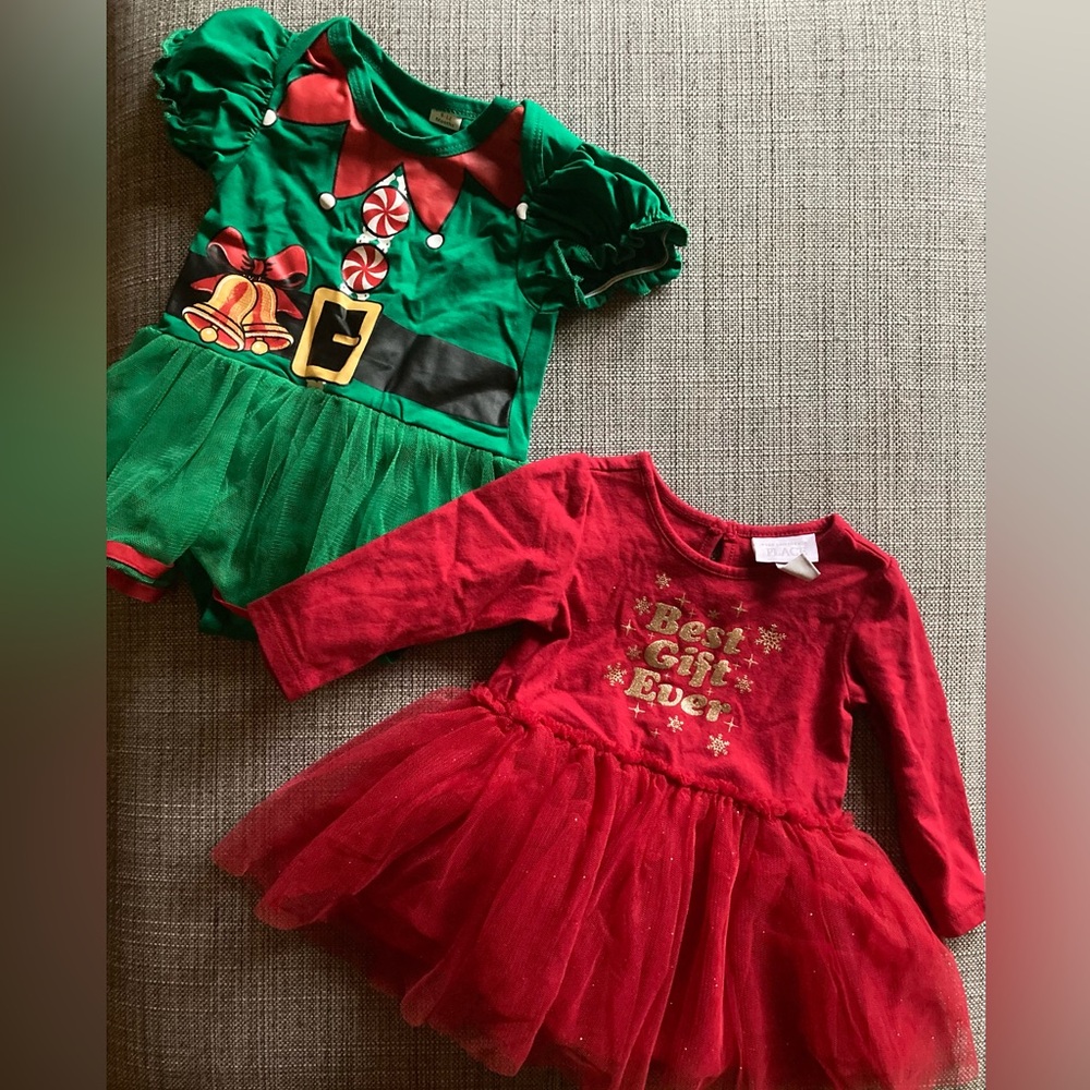 Two Holiday Dresses, Red Ballerina 3-6 mos, Green Christmas Elf - 9/12 mos